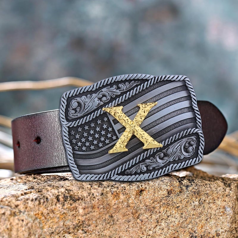 Fibbadet Store Western Cowboy Initial Letters A-Z American Flag Belt Buckle for Men Fathers Day Boyfriend Husband - Image 3
